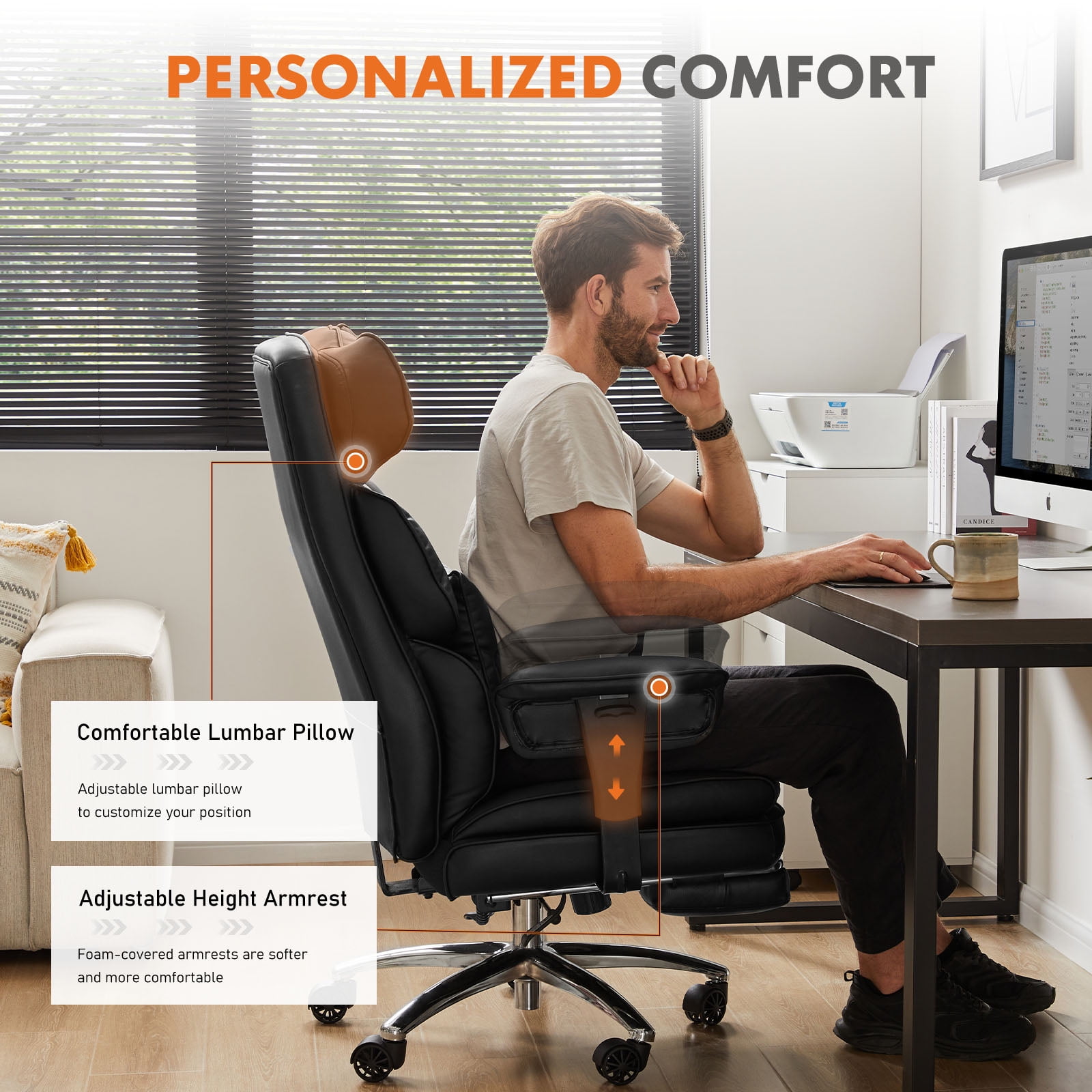 GIANNA Executive Home Office Desk Chair Ergonomic Big Tall High Back with Footrest & Lumbar Support, Reclining Height Adjustable Comfy PU Leather Computer Gaming with Swivel Wheels, Black