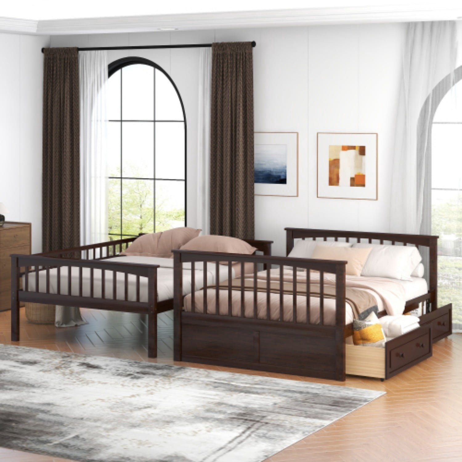 Full Over Full Bunk Bed with Storage Drawers, Convertible Wood Bunk Bed Frame with Safety Guardrails, Solid Pine Wood Kids & Adult Bed for Bedroom, Espresso