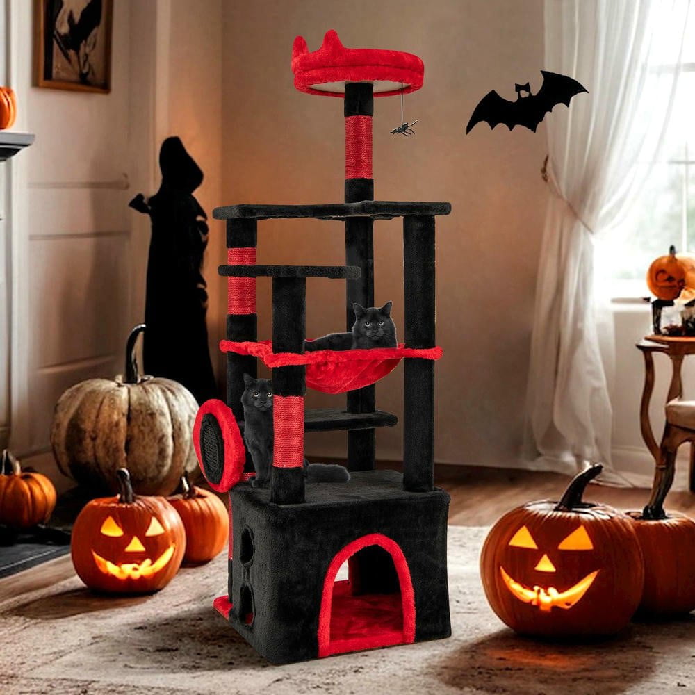 Resenkos Gothic Style Cat Tree with Plush Perch and Spider Toy, Black & Red