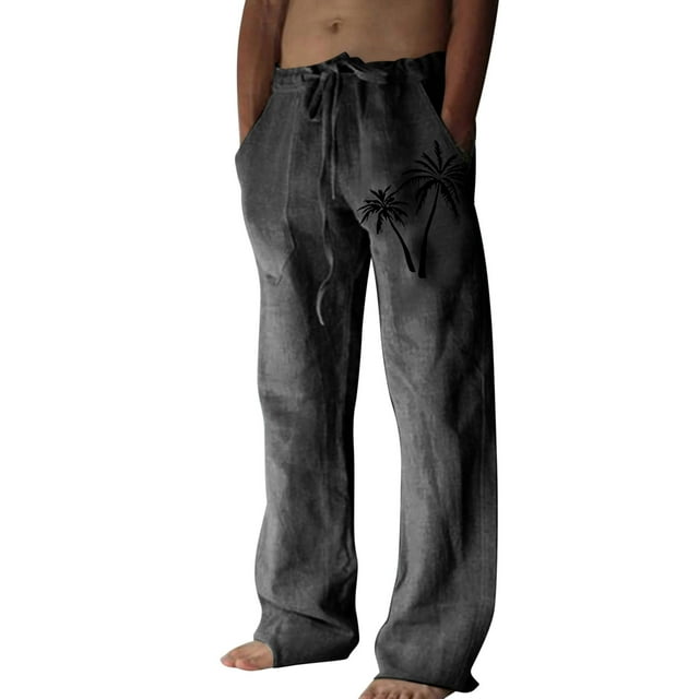 WEAIXIMIUNG Pantalon Noir Homme Formel Décontracté en Lin Imprimé avec Poches et Lacets Grande Taille