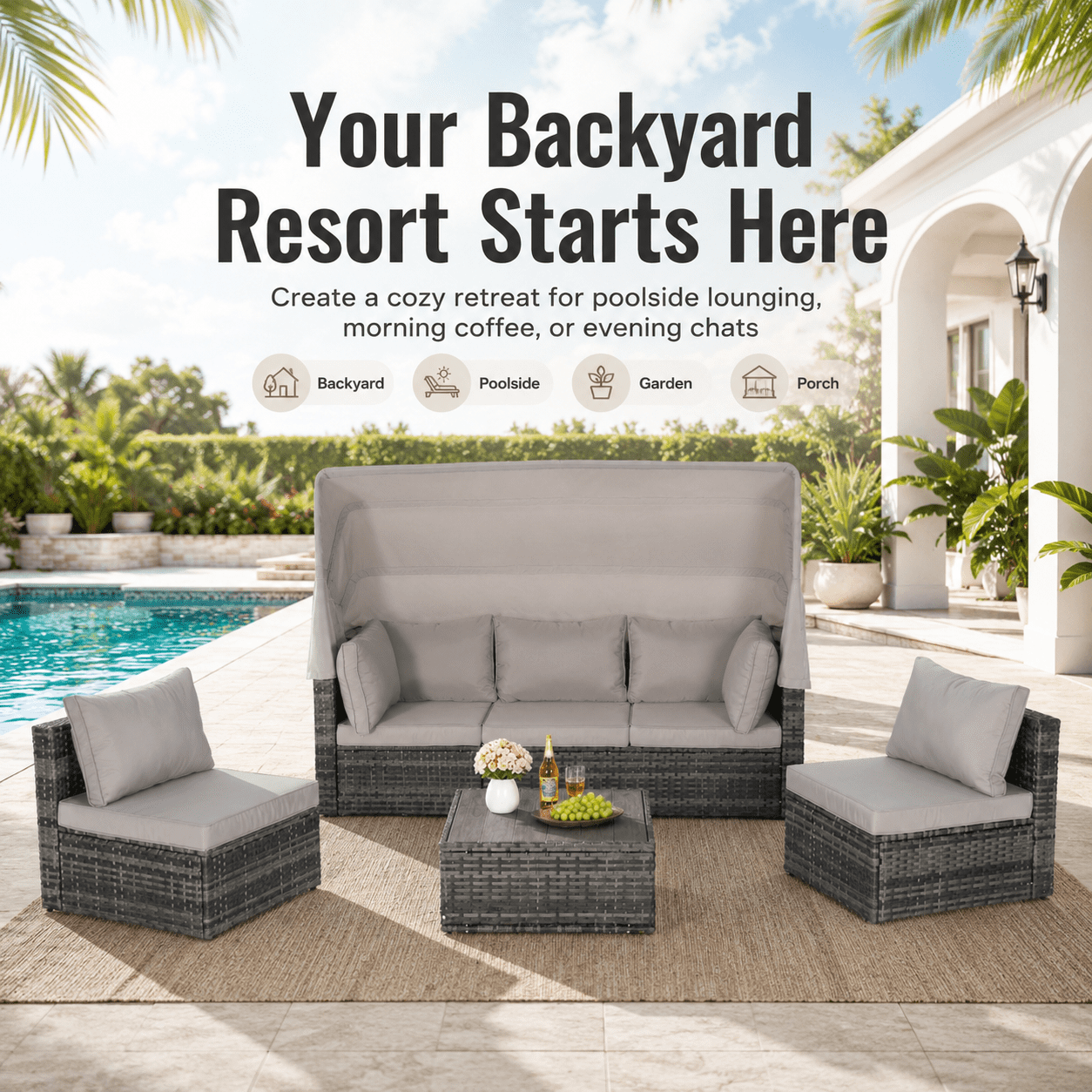 Outdoor Wicker Patio Furniture Set, 5-Piece Sectional Sofa with Canopy Daybed, All-Weather Rattan Conversation Set with Cushions & Table for Backyard Garden Poolside