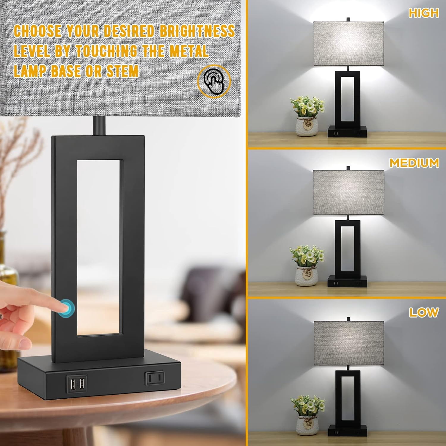 Nordic Hygge Set of 2 Touch Control Dimmable Table Lamp with 2 USB Ports, Grey Shade