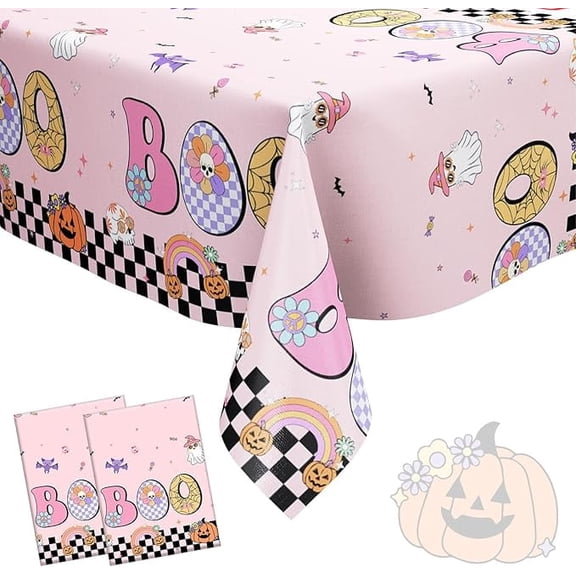 Groovy Halloween Party Decorations 2Pcs Pink Little Boo Table Cover with Pumpkin Ghost Daisy Happy Boo Day Table Cover Spooky Retro Hippie Tablecloths for Vintage Halloween Ghoul Birthday