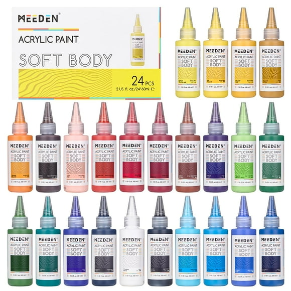MEEDEN Ensemble de Peintures Acryliques Souples : Finition Mate 24 Couleurs x 60ml/2oz Peintures Acryliques Fluides pour Peinture sur Toile Bois & Verre pour Clous