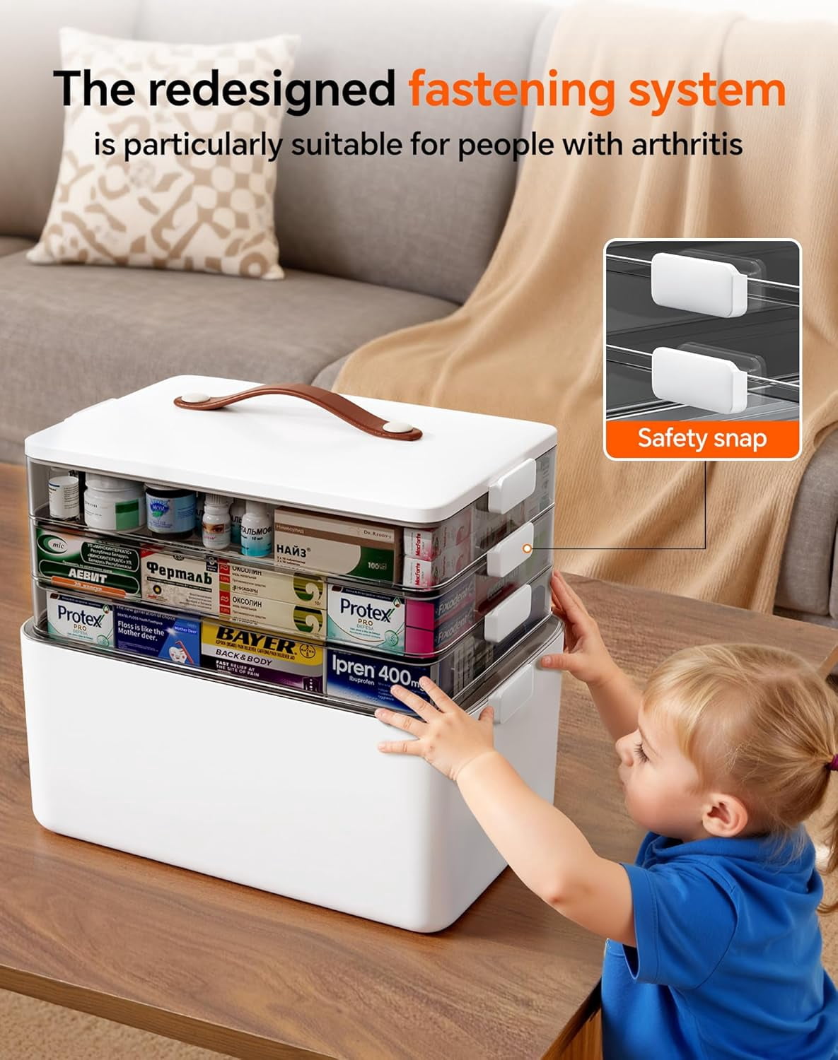 4-Tier Medicine Cabinet Organizer with Leather Handle, Empty Plastic First Aid Kit, Multipurpose Storage Box with A Portable Weekly Pill Organizer for Family Emergencies
