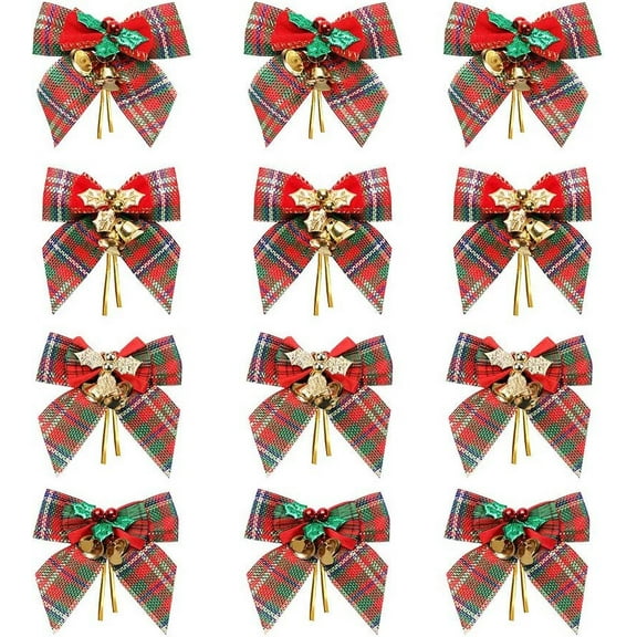 12 PCS Christmas Red Green Plaid Tree Bows, Linen Bowknot Wreath Bow with Jingle Bells for Christmas Garland Tree, Crafts, Wrapping, Wreath Xmas Hanging Ornaments Decor