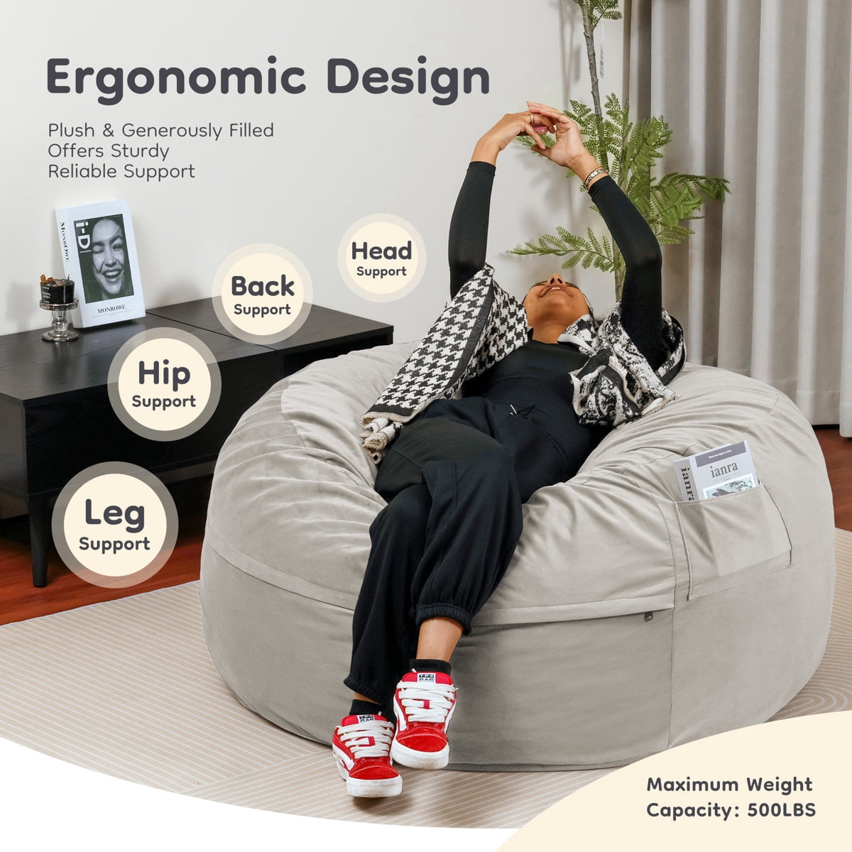 Oversized Bean Bag Chair, Beanbag for Adults, Comfy Refillable Single Sofa for Living Room, Bedroom, Dorm, Gray