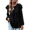 thumbnail image 6 of EFINNY Women's Long-Sleeved Top Puff Sleeve Ruffled Patchwork Top Solid Color Temperament Shirt, 6 of 7