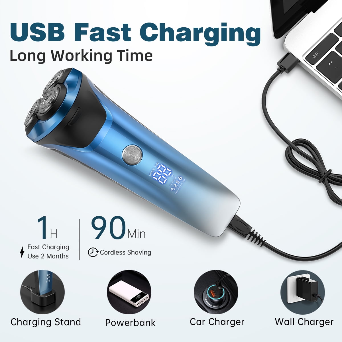 4D Electric Shaver for Men, IPX7 Waterproof Electric Razor Dry Wet Rotary Face Shaver Rechargeable Cordless Travel Beard Trimmer w/ LED Display & Charging Stand & Pop Up Trimmer for Dad Husband
