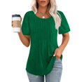 thumbnail image 3 of Tops de empalme de manga corta plisados para mujer, de Color sólido Jersey de rayas con cuello redondo, camiseta femenina, camisetas informales cómodas de verano, 3 of 5
