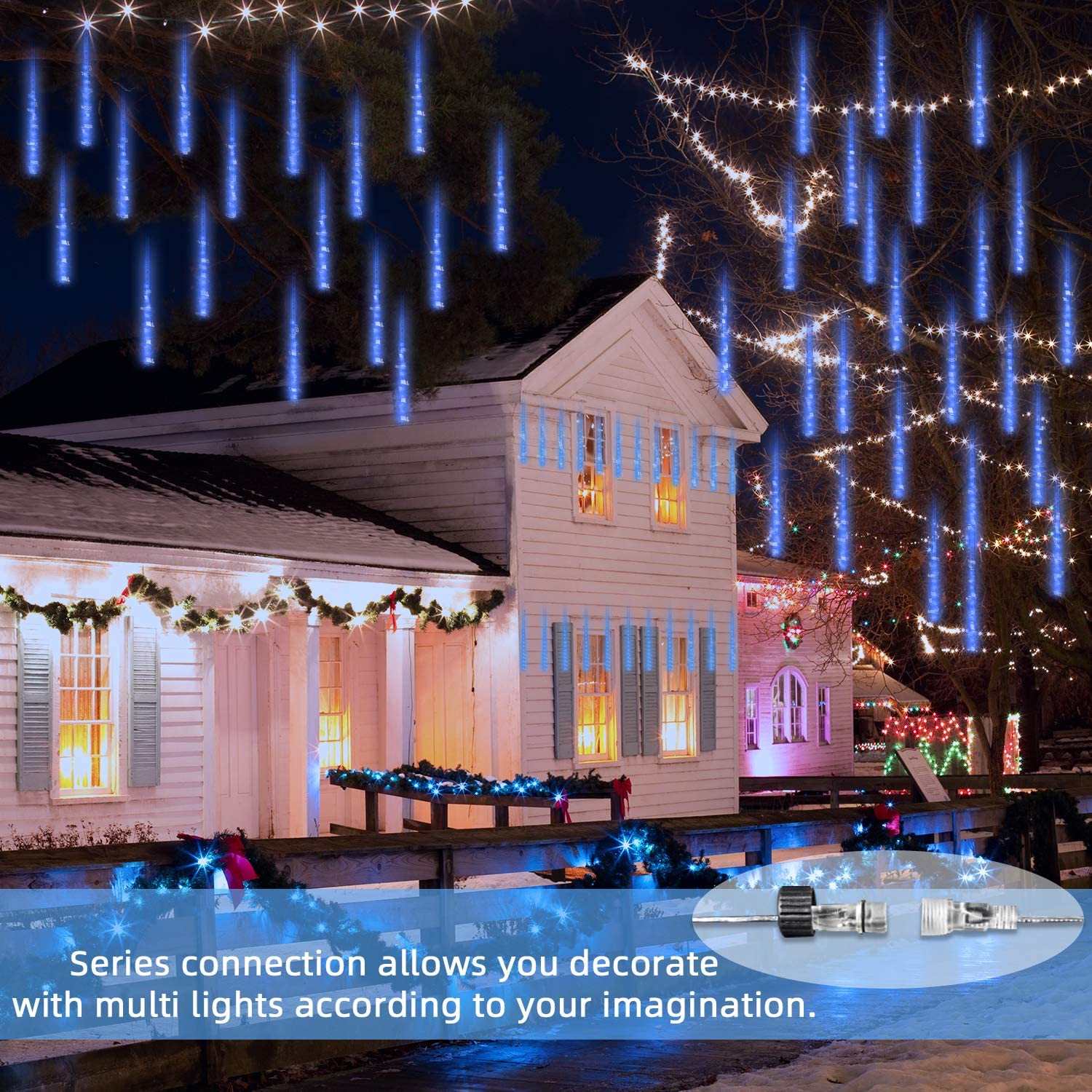 Rirool Meteor Shower Lights, 360 LED Blue Cascading Rain Lights photo 4