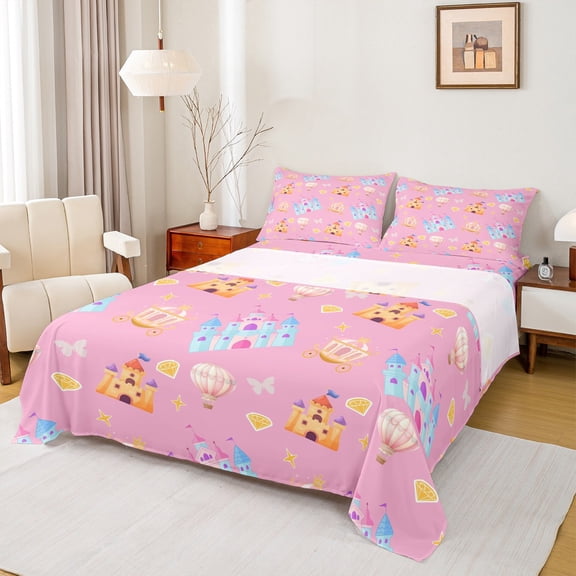 Homewish Colorful Cartoon Castle Twin Sheet Sets,Fairy Tale Theme Twin Fitted Sheet,Diamond Hot Air Balloon Flat Sheet For Girls Kids,Super Cozy Room Decor,3 Pieces