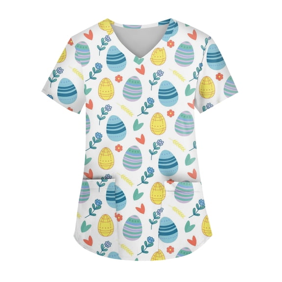 Hearthz Easter Scrub Tops Women Plus Size Bunny Egg Hunt Print V Neck Short Sleeve Nurses Working Uniforms Scrub Shirt with Pockets
