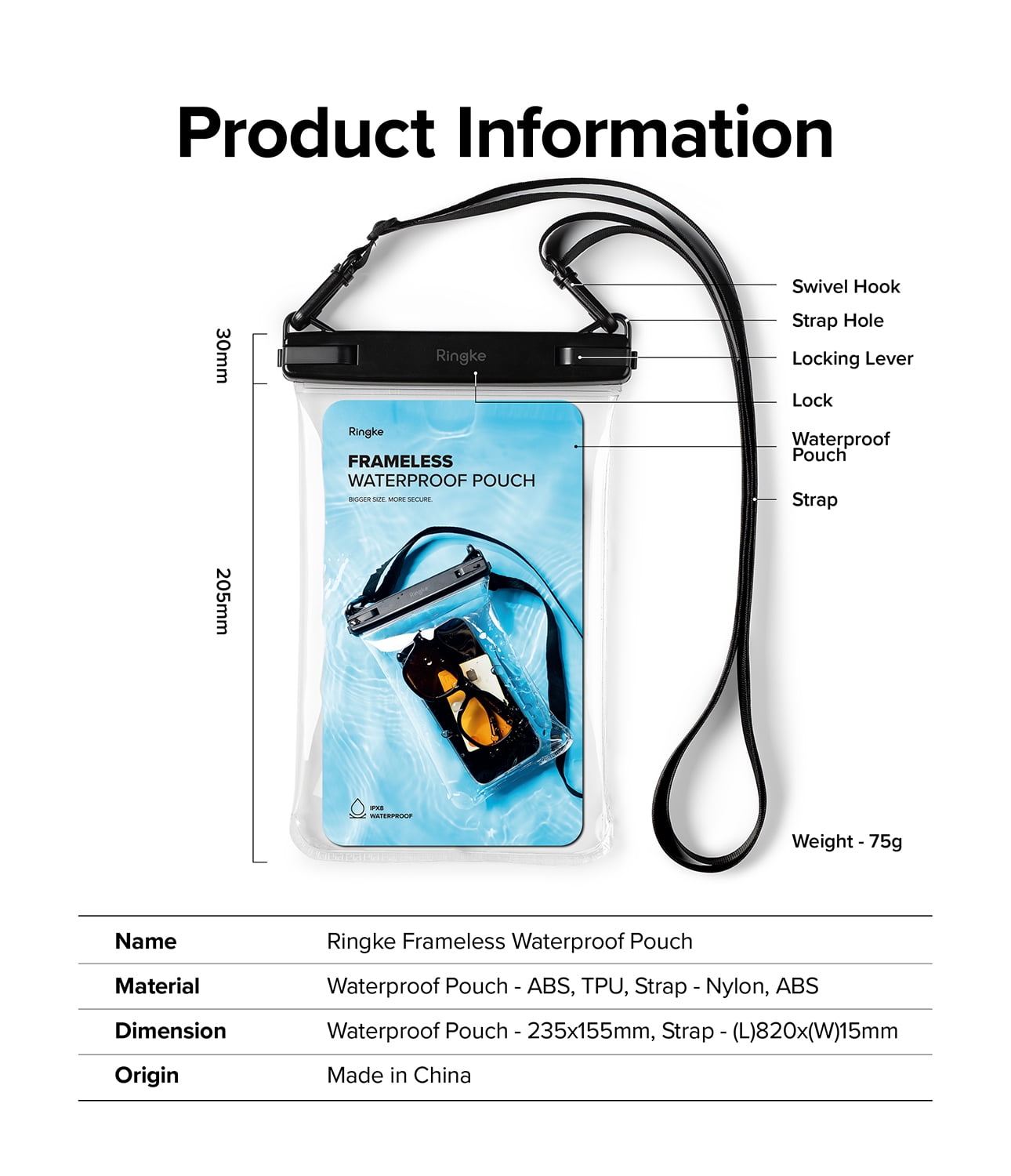Ringke Waterproof Phone Pouch Frameless [One Touch Lock] Waterproof Phone Case Compatible with iPhone 14 13 12 11 Pro Max Mini, Dry Bag Designed for Samsung Galaxy S23 Ultra Plus Pixel 7 pro - Black