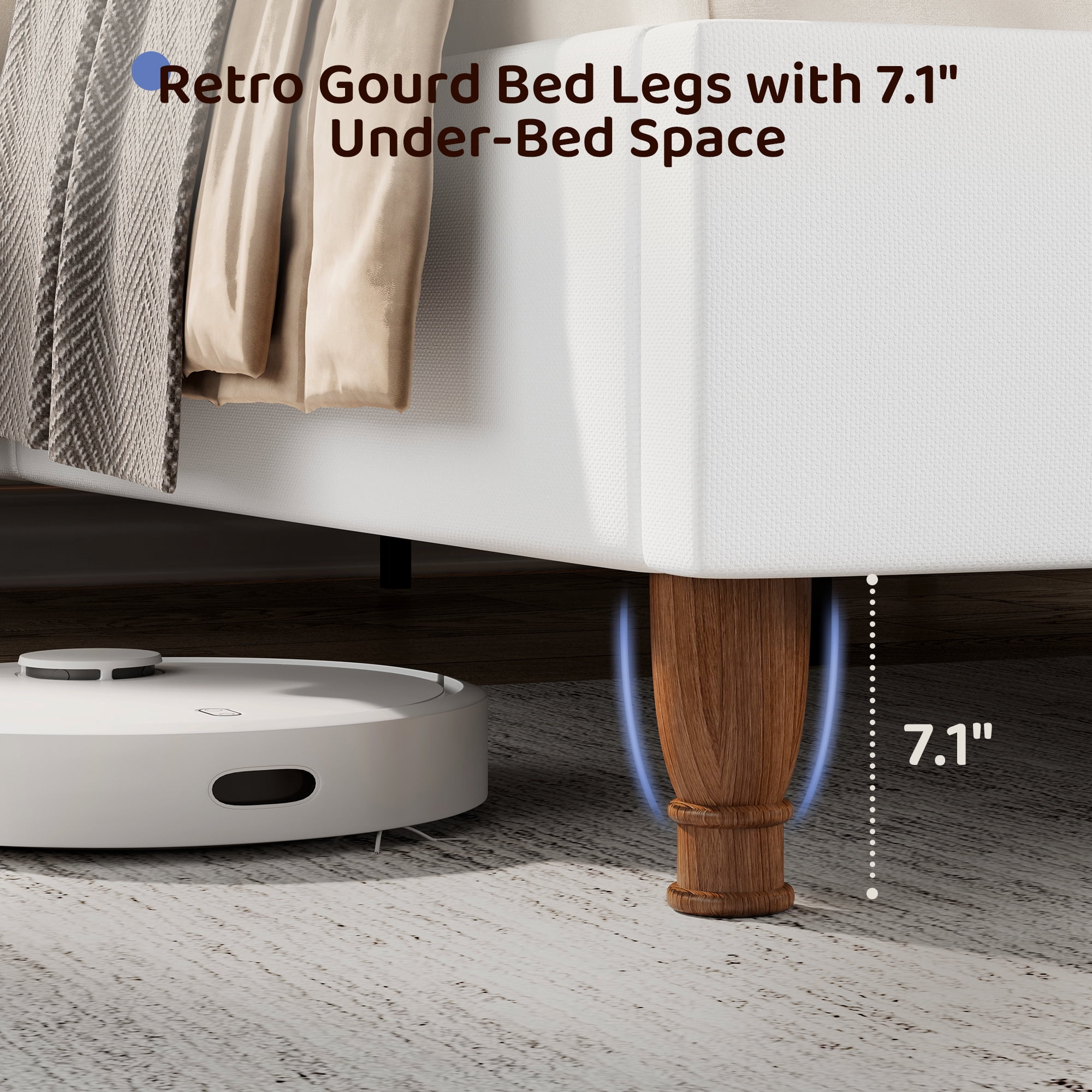 Breltam Upholstered Platform Bed with Wingback Headboard, Queen Size Bed with LED Lights and Charging Station, White