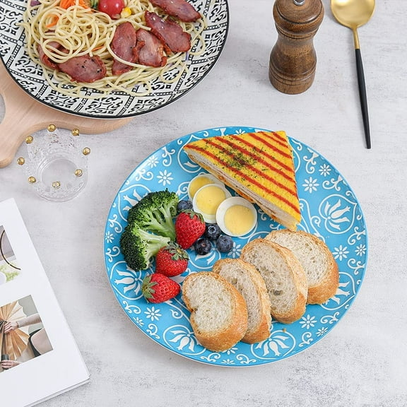 10 Inch Large Porcelain Dinner Plates Set of 6 - Colorful Pattern Dining Plates for Kitchen & Family - Dishwasher, Microwave & Oven Safe