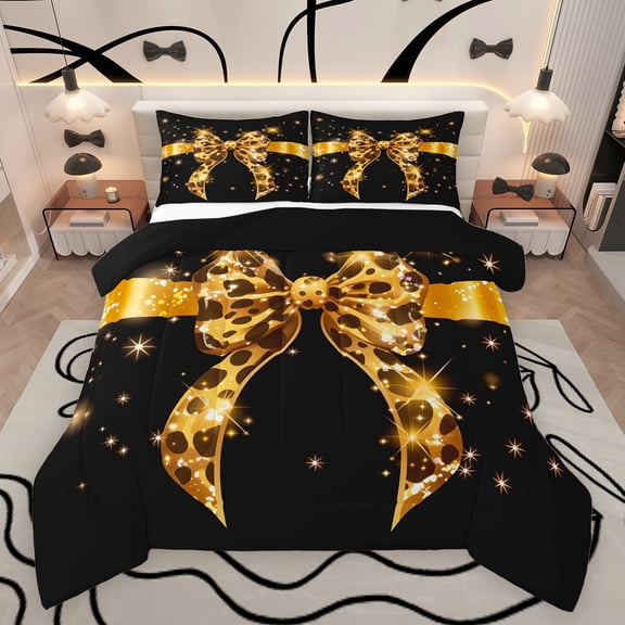 Castle Fairy Kids Teens Adults Old Fashion Cheetah Print Bow Bedding Comforter Set 2pcs,Cartoon Bow Knot Twin Comforter Sets Microfiber,Bling Glitter Breathable Bedding Set,Luxury Bedroom Decor