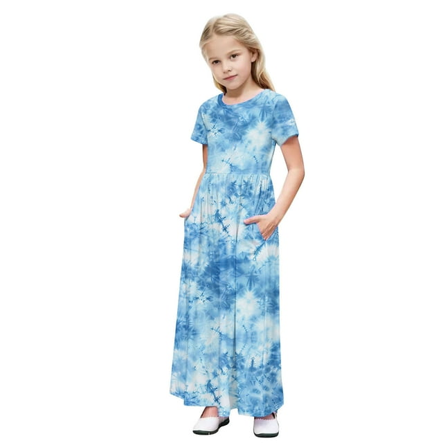 Économies d'Été Liquidation 2025 Bovxnpu Robes d'Été pour Filles, Robe Décontractée en Coton pour Filles Robe Maxi, Robe Longue Extensible à Manches Courtes avec Poche pour Enfants 11 Ans