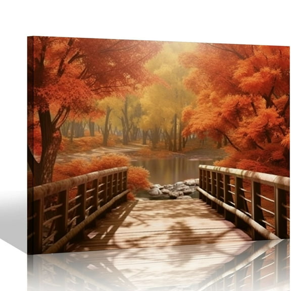 JRXY Autumn Bridge Gallery Wrapped Canvas Wall Art for Home Office Decor, Living Room Bedroom, 1698127610643187 Theme 20x16in
