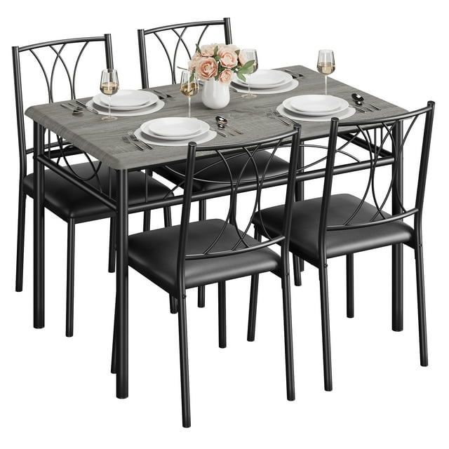 5 Piece Dining Table Chair Set, Metal Frame Wood Rectangular Dining Table with 4 Backrest Chairs
