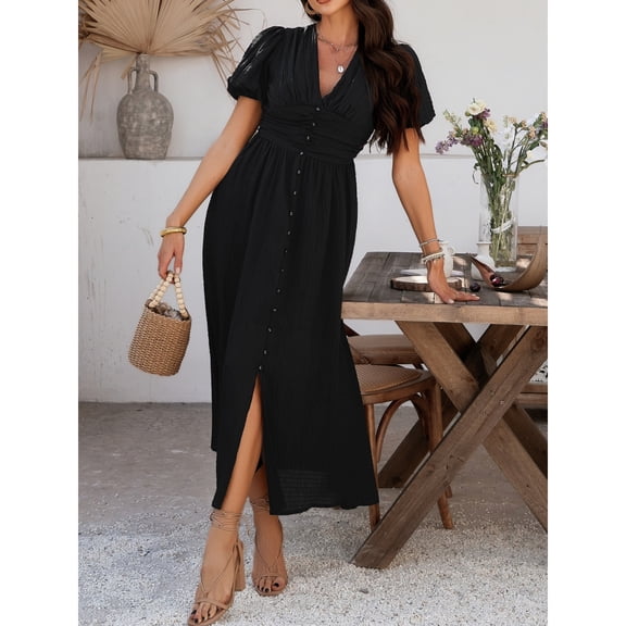 Women's Summer Vacation Style High-Waisted Short-Sleeved Single-Breasted Slit Dress