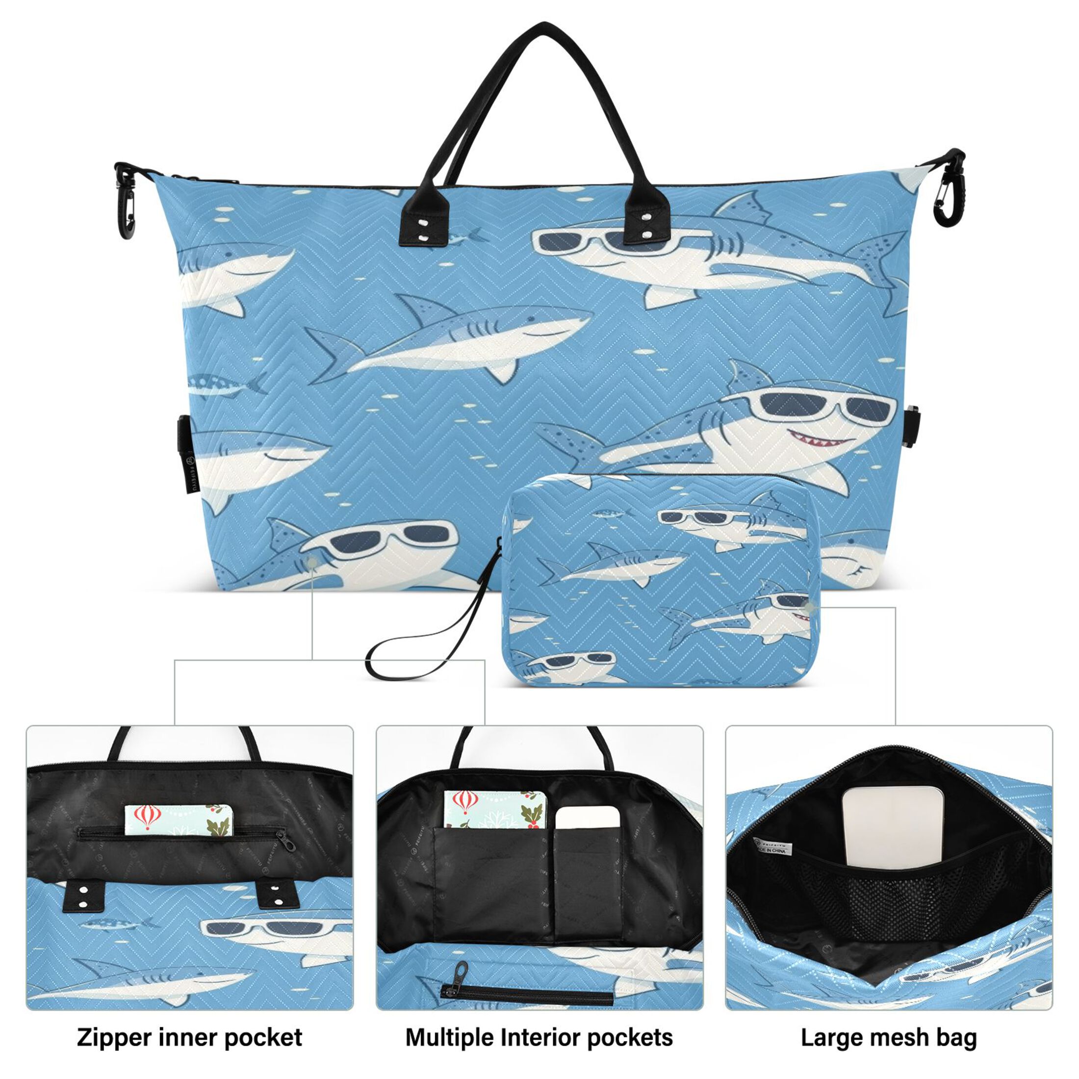 Travel Duffel Luggage Bag Sports Duffle Bag Gym Bag with Zipper Cute Sharks Wearing Sunglasses