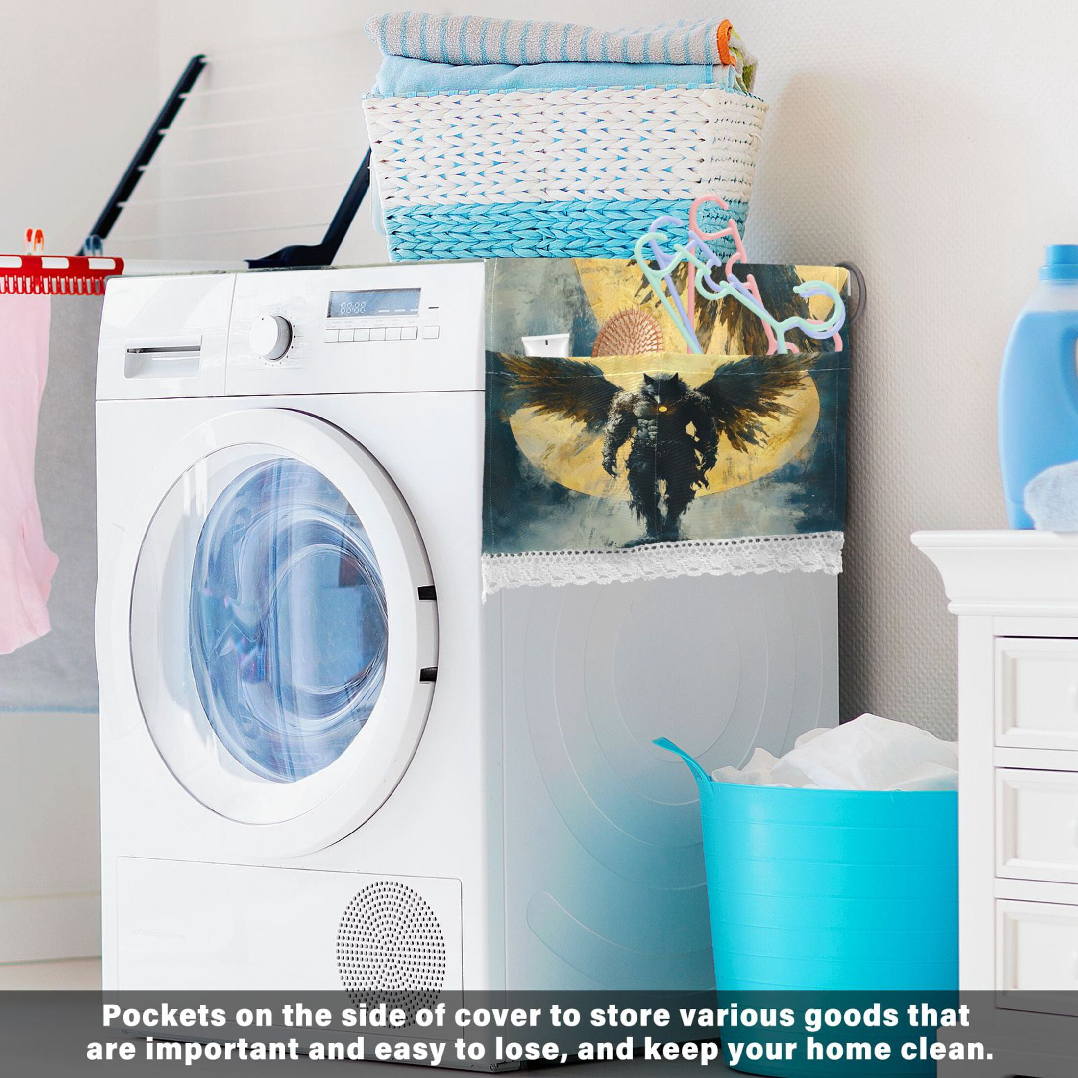 Wolf Man As An AngelWasher and Dryer Covers Dust-Proof and Oil Resistant Fridge Cover with 4 Storage Pockets Washing Machine Top Cover for Laundry Kitchen Home 51.2 x 22 In