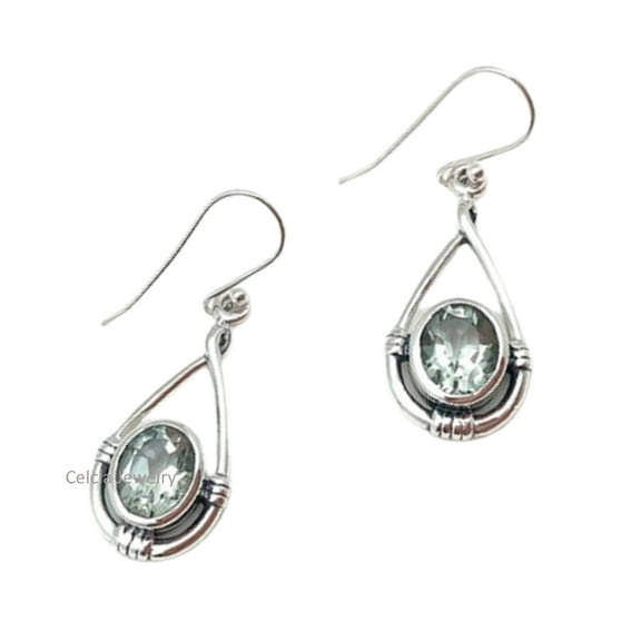 Solid 925 Sterling Silver Dangle Teardrop Earrings For Women, Natural Green Amethyst Faceted Oval Gemstone Unique Handcrafted Earrings