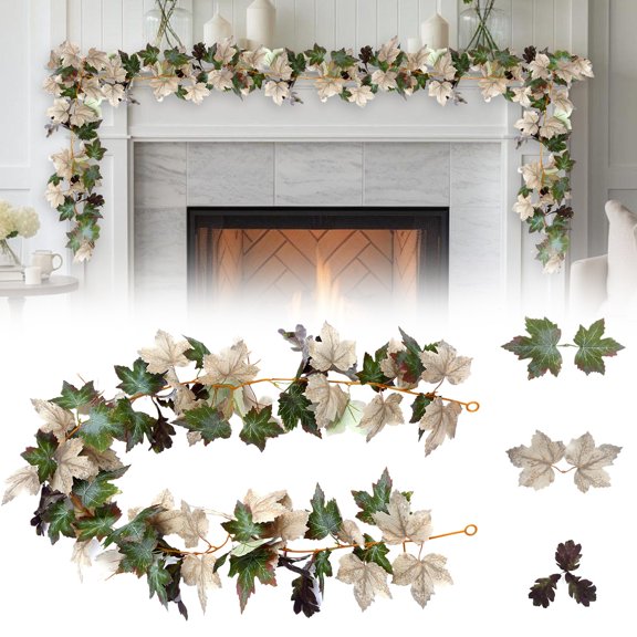 Fall Maple Leaf GarlandArtificial Fall Garland Autumn Hanging Foliage with White Pumpkins Berries Twigs for Home Indoor Outdoor Thanksgiving Harvest Fireplace Mantle Party Decor