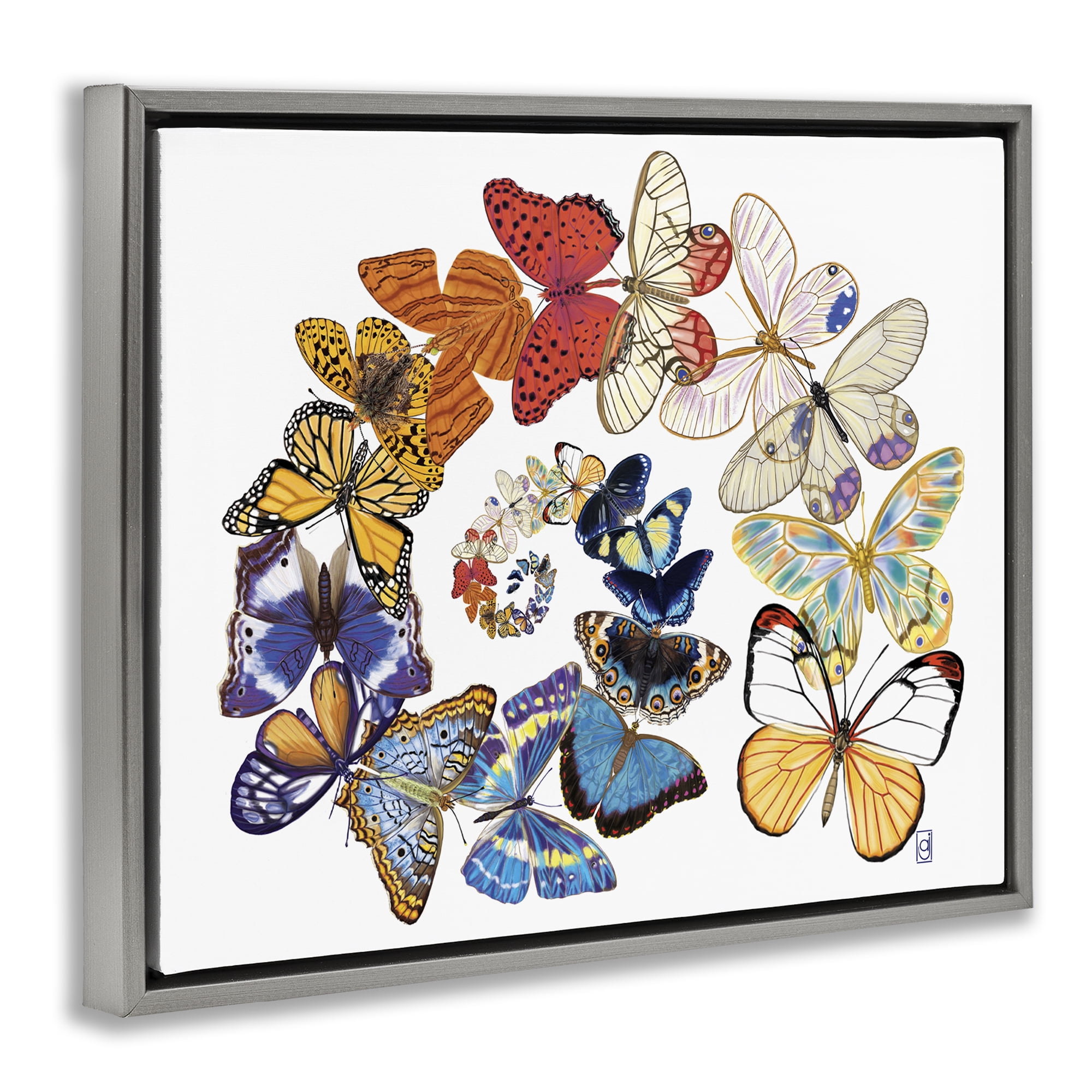 Stupell Industries Fly Away Butterflies Animals Painting Gray Floater Framed Canvas Art Print Wall Art, 21 x 17