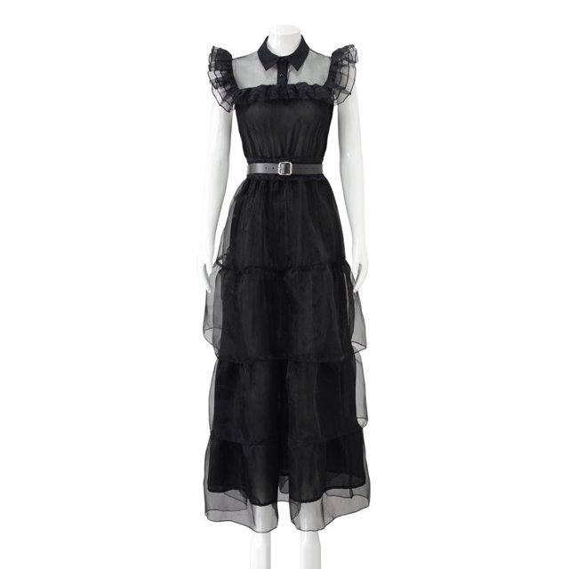 Disfraz de Mujer con Cinturón Vestido de Miércoles Negro Transpirable para Festivales de Halloween Hugtrwg Para estrenar