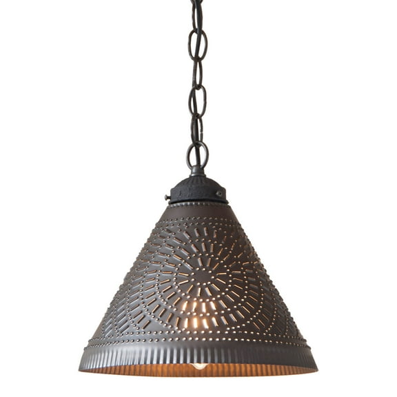 Irvins Country Tinware Wellington Shade Light Pendant in Kettle Black Punched Tin