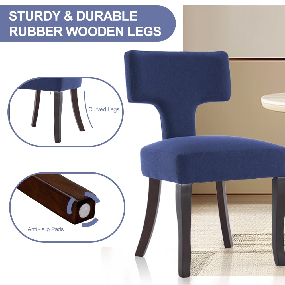 ENYLAY Mid Century Modern Wooden Dining Chairs Set of 2 , Linen Upholstered Armless Wooden Chairs with Curved Backrest for Farmhouse Kitchen/Dining Room (Blue)