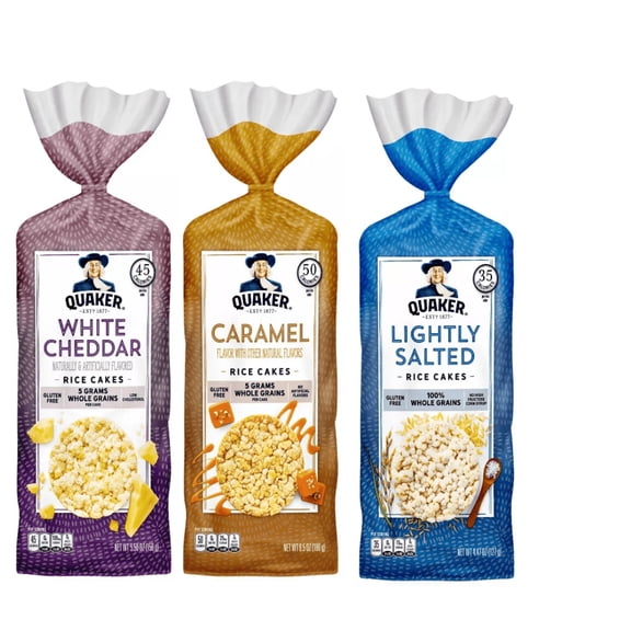 Quaker Rice Cakes Variety Bundle - Pack Of 3 Flavors,CARMEAL CORN ,WHITE CHEDDAR,LIGHTLY SALTED..