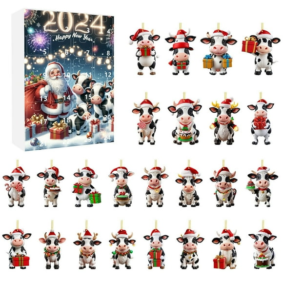 Easter 2D Christmas Home Calf Ornaments With Santa Hat 2024 Christmas Holiday Advent Calendar Christmas Tree 2D Ornaments Christmas Tree Set Decorations (24 Pcs) Battery Operated Curtain Lights with