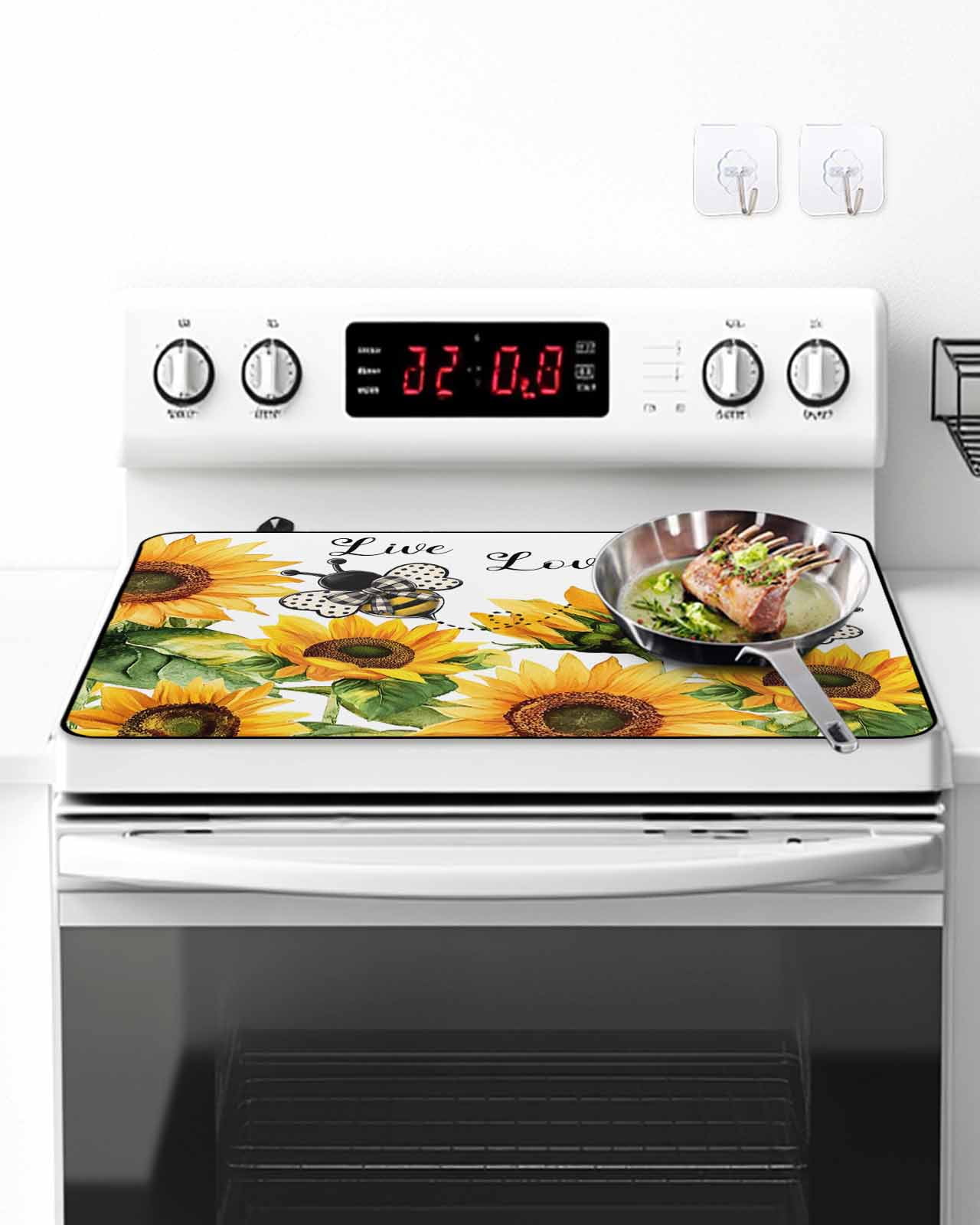 Stove Top Covers for Electric Stove, Sunflower Bee Glass Stovetop Cover Protector, Vintage Yellow Floral Farmhouse Watercolor Induction Cooktop Protector Oven Mat for Kitchen Countertop 24"x21"