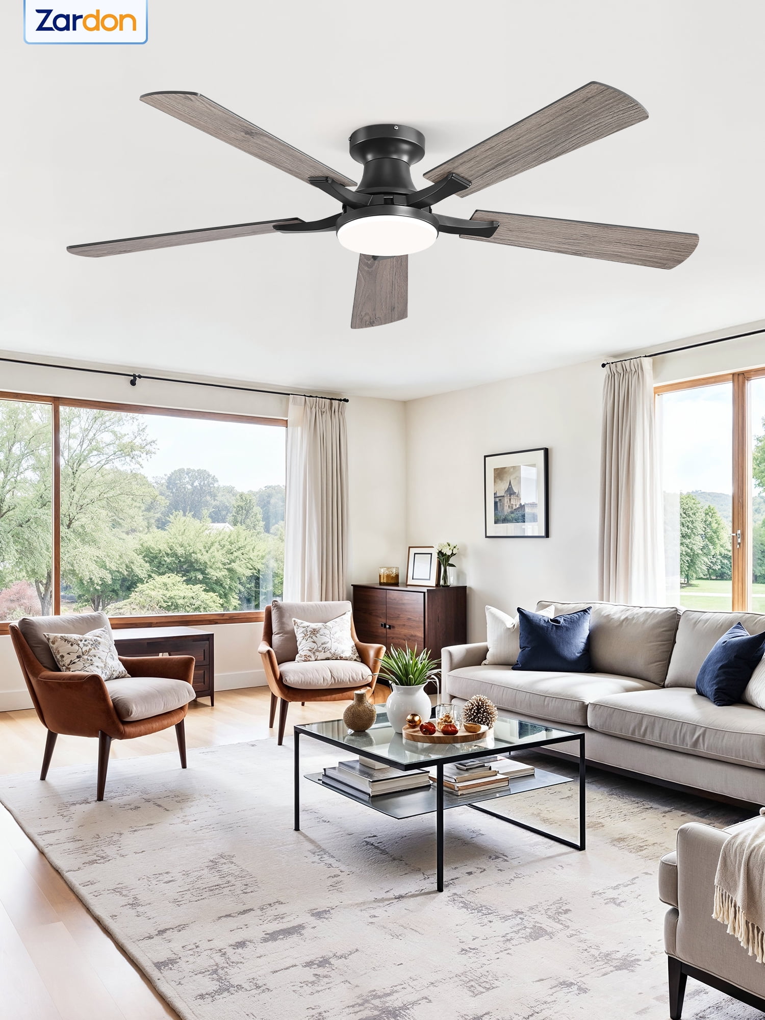 Zardon 52 inch Black Ceiling Fan with Light, Flush Mount Low Profile, App & Remote Control, Dimmable 6-Speed, Quiet Reversible DC Motor for Bedroom, Living Room