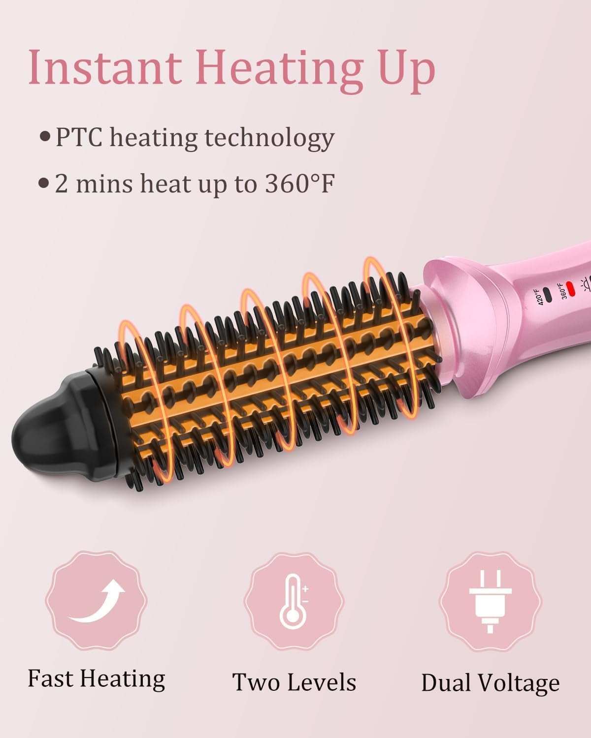 Curling Iron Brush for Short Long Hair, Hair Curling Brush Long Barrel Tourmaline Ceramic, Dual Voltage Curling Brush Iron with Anti-Scald Bristles (Purple)