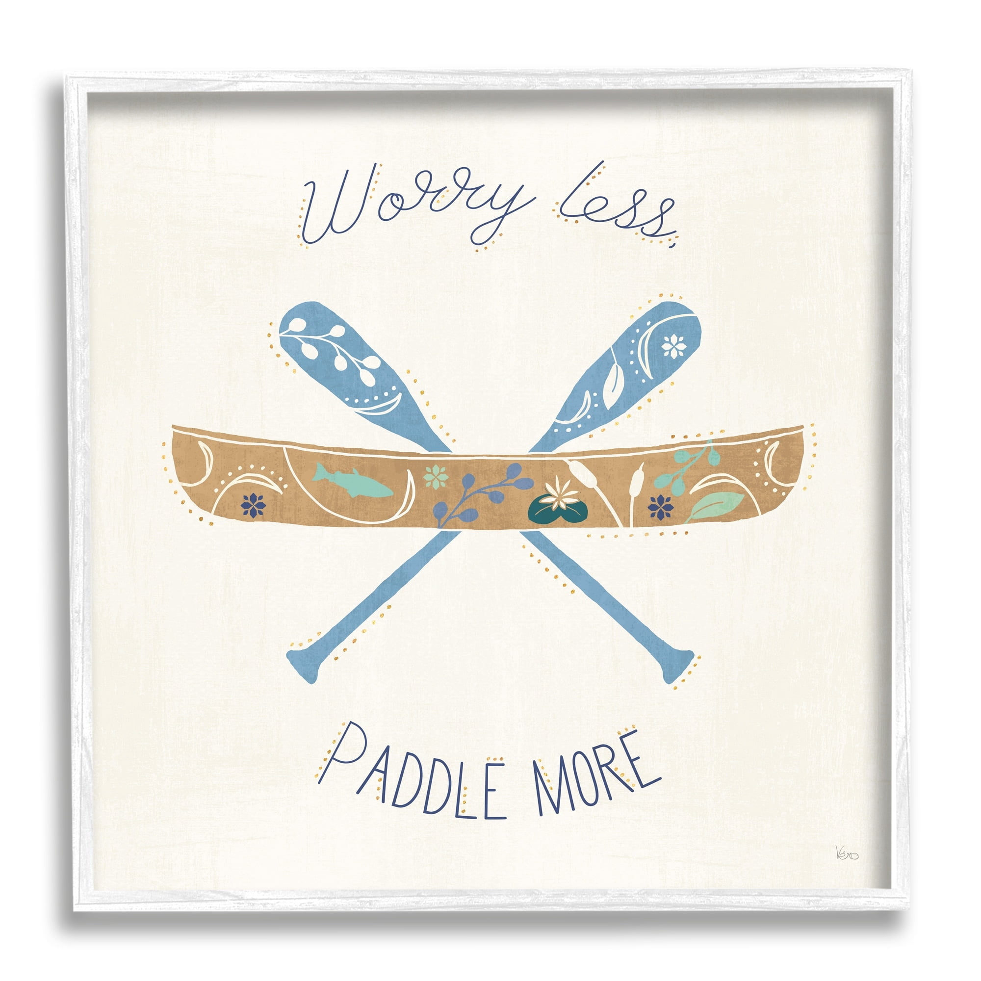Stupell Industries Worry Less Paddle More Canoe Boat Typography Graphic Art White Framed Art Print Wall Art, Design by Veronique Charron