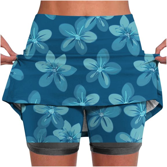 MIUOWANP Women's Athletic Yoga Shorts Floral Print Elastic-Waisted Shorts Breathable with Pockets Skort Size S(4)Blue