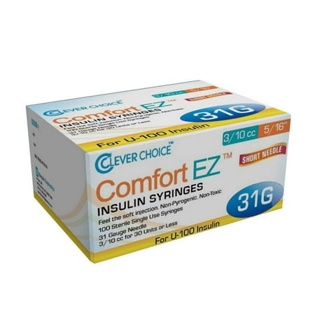 Clever Choice Comfort EZ Insulin Syringes 31G U-100 3/10 cc 5/16 - 100/bx
