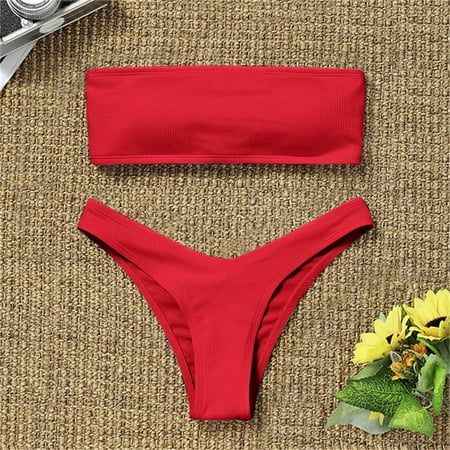 MSJUHEG Swimsuit Sets Red Swimsuit Women Bandeau Bikini Set Women s Bikini High Waisted Tummy Control Two Piece Swimsuit Swimwear Bikini Sets for Women Bathing Suit for Women Bikini Red M