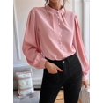 thumbnail image 4 of Women'S Fall Long Lantern Sleeve Blouse Stand Collar Single-Breasted Solid Casual Loose Blouse Tops Pink XL, 4 of 7
