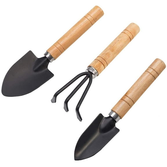 Garden Tools Set, 3 Pieces Portable Mini Gardening Kit Including Hand Shovel, Transplant Shovel, Cultivator Hand Rake with Soft Wood Non-Slip Handle, Iron Head and Wooden Handle