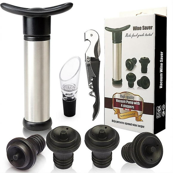 Wine Pump - Empty Sommelier Box with 4X Triple Flange Stoppers - The Best Way to Store Your Wine - Black Edition (Silver)