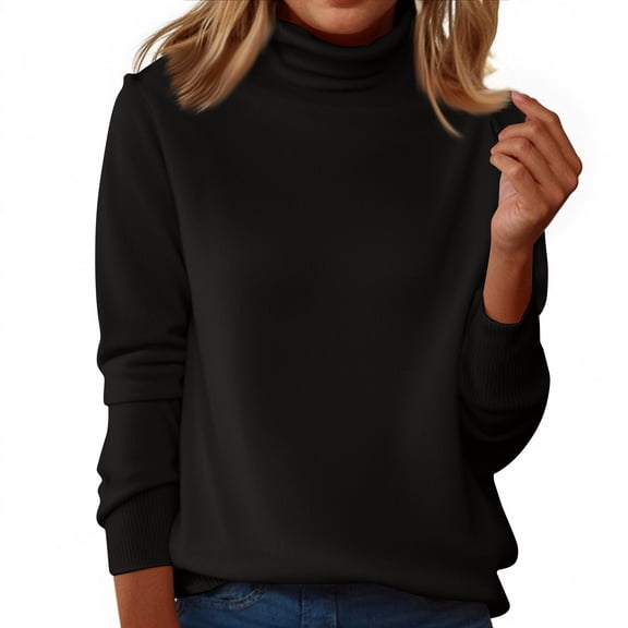 Womens Sweaters Turtleneck Long Sleeve Pullover Casual Knitted Pullover Warm Cozy Tops Fall Winter Clothes Black L