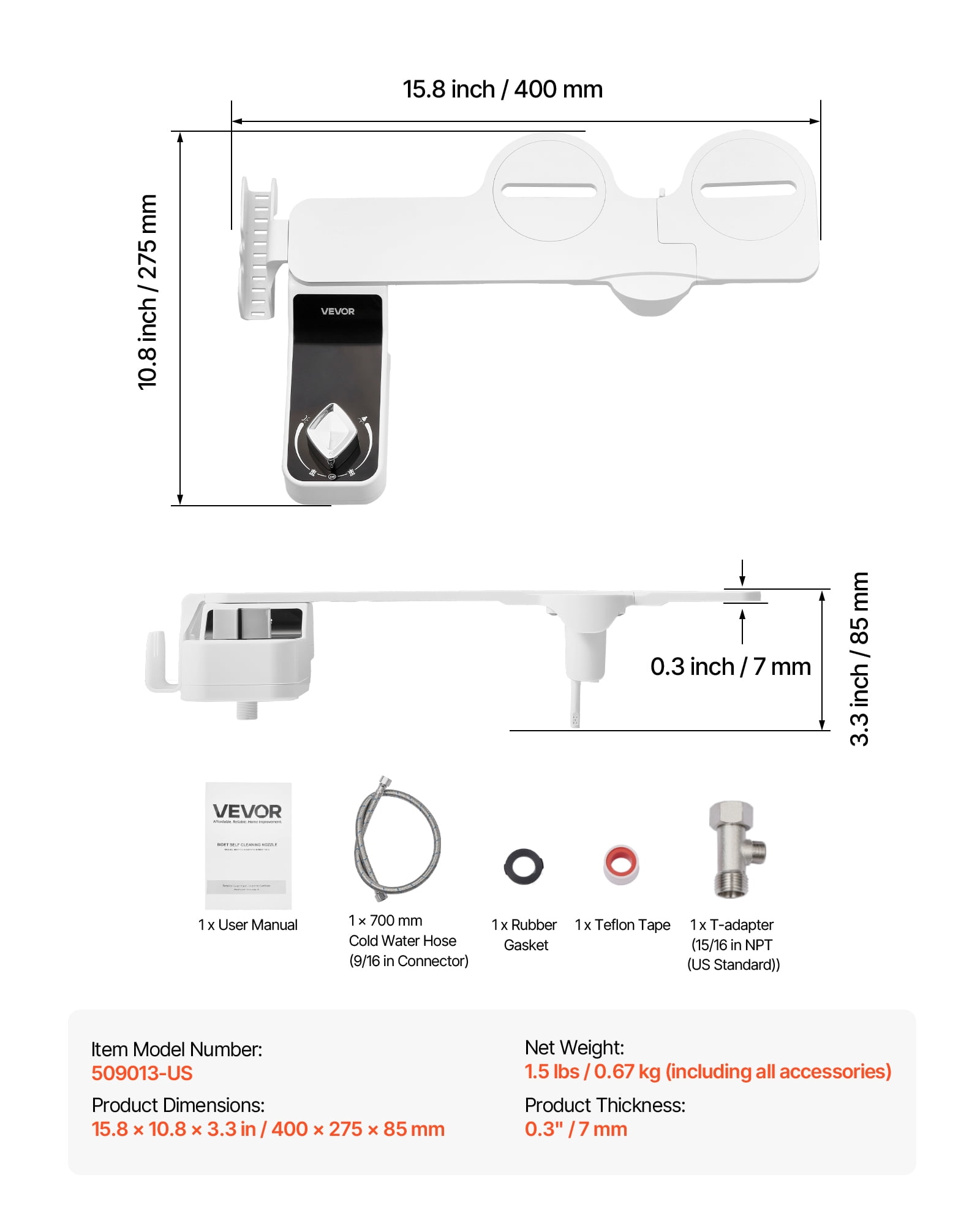 VEVOR Bidet Attachment for Toilet, 0.3" Ultra Thin Bidet Toilet Seat Attachment - Dual Retractable Nozzles, Adjustable Water Pressure,Non-Electric Cold Water Sprayer for Front Rear Water Wash,White
