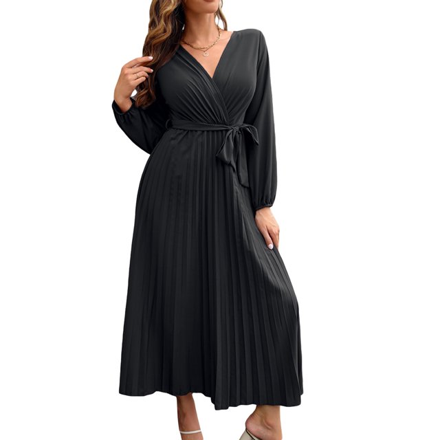 Sunloudy Vestido casual para mujer, cuello en V, manga larga, color sólido, cintura alta, plisado, vestidos largos con cinturón Sunloudy S M L XL