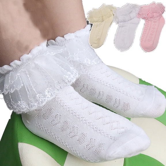 LYMAYTER 3 Pack ‌Spring Toddler Socks Solid Color Eyelet Socks‌ Double Ruffle Breathable Dance Socks 1-12Y
