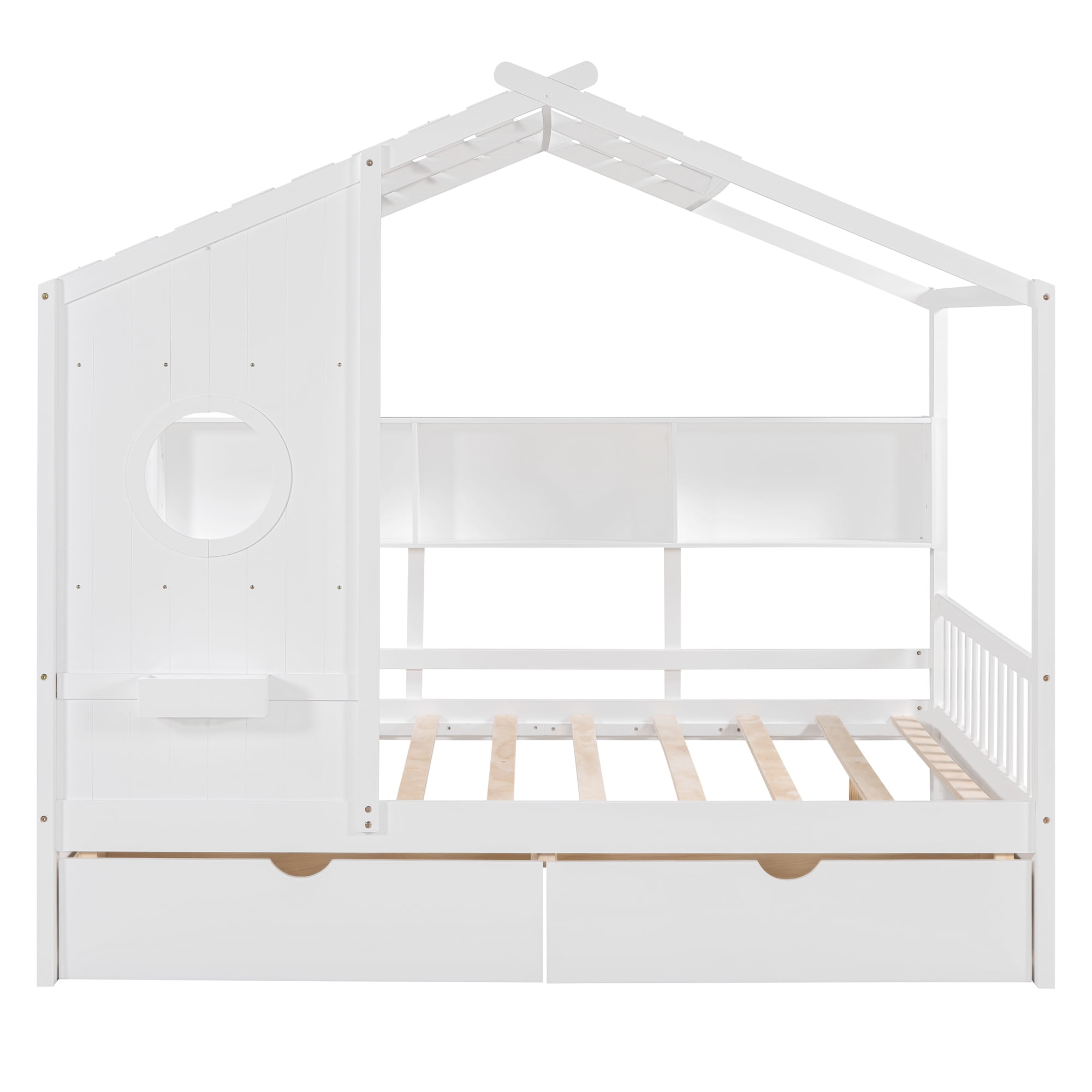 Harper & Bright Designs Full Size House Bed with Roof and Window, Wooden Daybed Frame with Shelves and 2 Drawers for Girls Boys, White